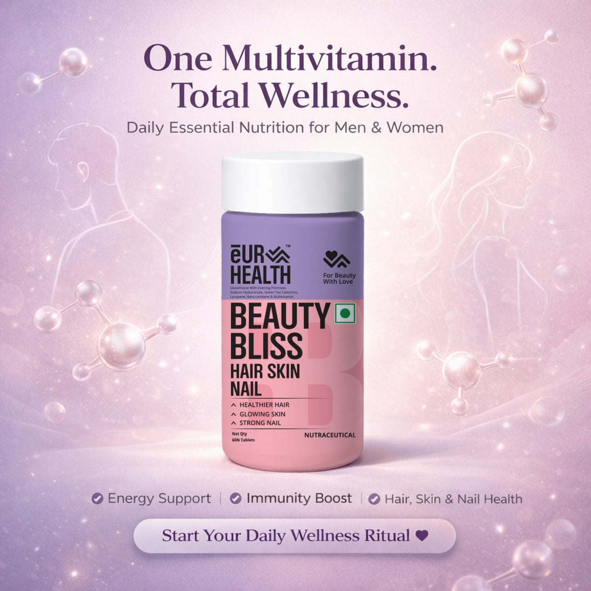 Beauty Bliss – Hair, Skin & Nail Support | Glutathione, Hyaluronic Acid, Multivitamins | 60 Tablets | 100% Vegetarian